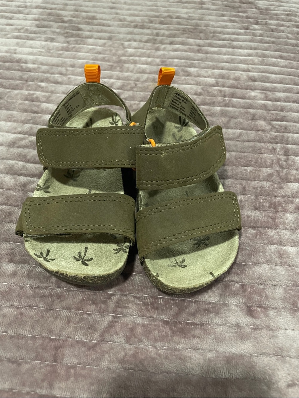 Brown Unisex Baby Sandals, size 5, with Orange Accents and Hook-and-Loop closure